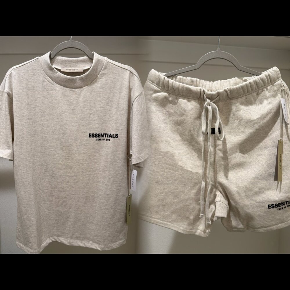 Fear of God Essentials Short Sleeve Tee & Drawstring Shorts - Heathered Beige